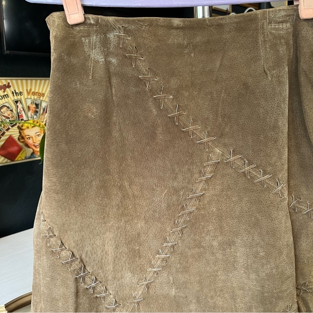 Vintage Faded Glory Asymmetrical Brown Suede Leather Skirt Patchwork Size 14 - Picture 2 of 6
